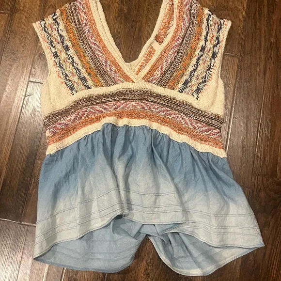 Anthropologie Pilcro knit peplum with chambray flounce so small - Picture 3 of 6